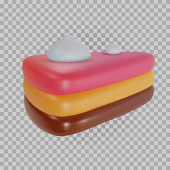 3d realistic vector piece of cake or cheesecake in cartoon minimal style. Holiday colorful tasty dessert icon. Bright glossy sweet food element. Creative cute child art illustration.