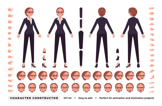 Businesswoman DIY character constructor. Office girl body parts. Head, hand gestures, leg, female manager different emotions. Vector flat style cartoon construction kit isolated on white background
