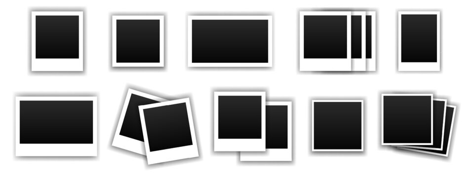 Realistic picture frame mockup rectangle, square collection. Blank frame border mockups. Isolated Black and white pictures frames mock-up on isolated background. Vector EPS 10