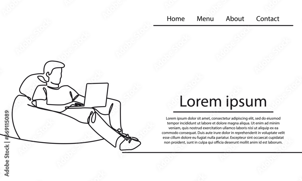 Poster man with laptop continuous one line drawing landing page template. business concept one line illustr