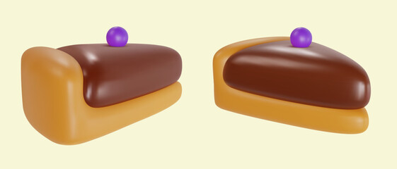 Set 3d realistic vector piece of cake or cheesecake in cartoon minimal style. Holiday colorful tasty dessert icon. Bright glossy sweet food element. Collection creative cute child art illustration.