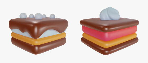 Set 3d realistic vector piece of cake or cheesecake in cartoon minimal style. Holiday colorful tasty dessert icon. Bright glossy sweet food element. Collection creative cute child art illustration.