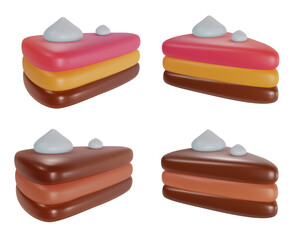 Set 3d realistic vector piece of cake or cheesecake in cartoon minimal style. Holiday colorful tasty dessert icon. Bright glossy sweet food element. Collection creative cute child art illustration.