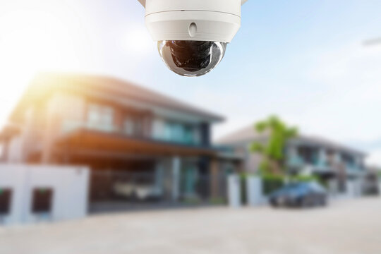 CCTV security camera, TV monitoring at house village building construction, security system concept.