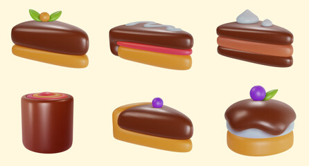 Set 3d realistic vector piece of cake or cheesecake in cartoon minimal style. Holiday colorful tasty dessert icon. Bright glossy sweet food element. Collection creative cute child art illustration.
