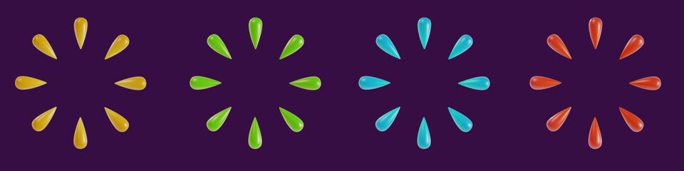 Set 3d cartoon festive fireworks or rays in realistic minimal style. Collection holiday color decoration elements. Cute explosion effect. Vector kids illustration.