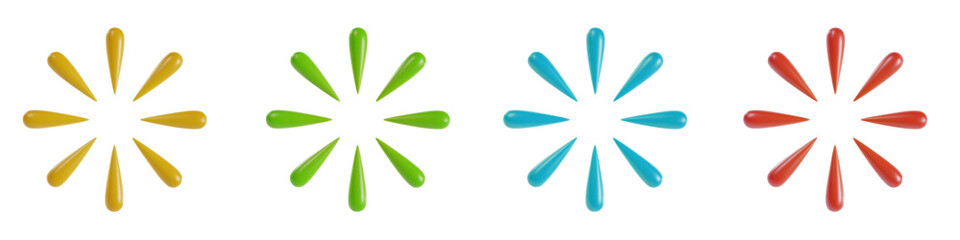 Set 3d cartoon festive fireworks or rays in realistic minimal style. Collection holiday color decoration elements. Cute explosion effect. Vector kids illustration.