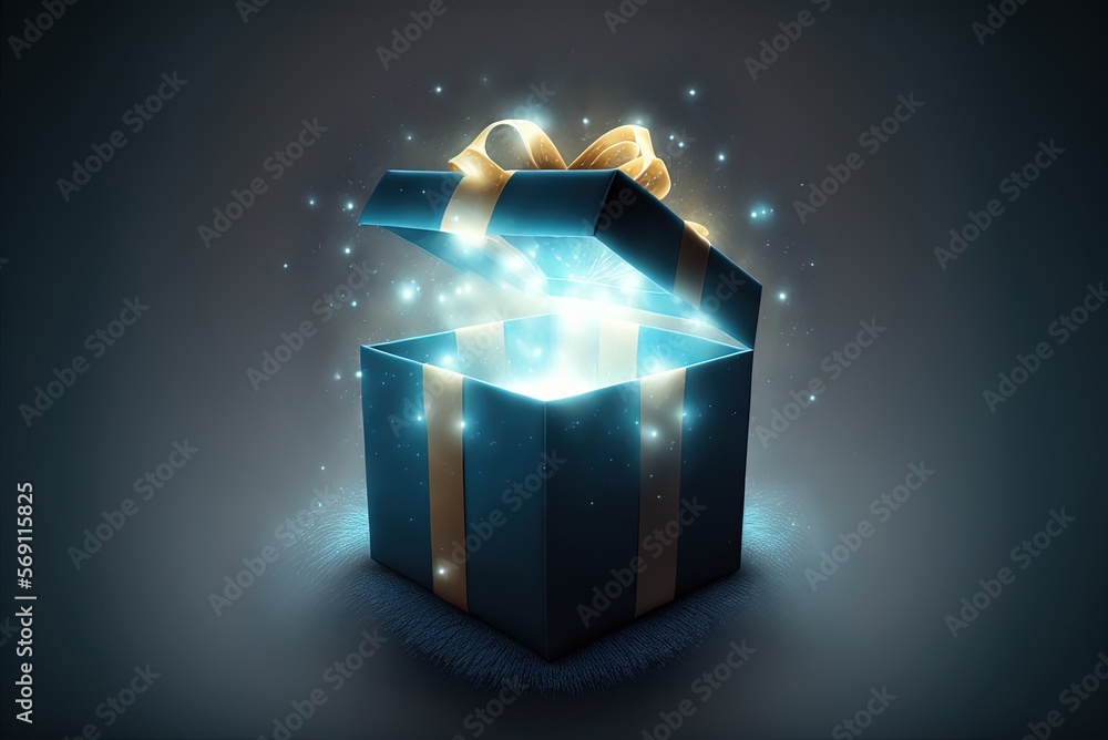 Poster blue open box with a mystical glow that seems like a genuine present generative ai