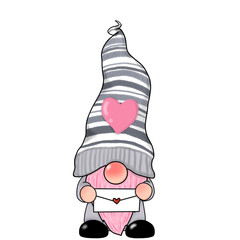 Valentine gnome in grey dress holding love letter