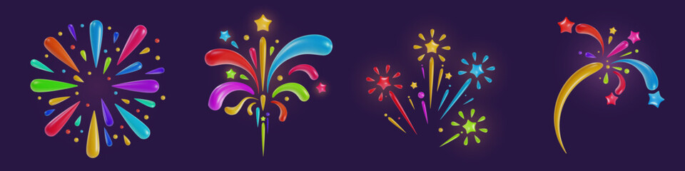 Set 3d cartoon festive fireworks in realistic minimal style. Collection holiday color decoration elements. Cute explosion effect. Vector kids illustration.
