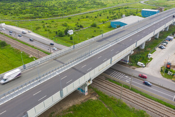 Aerial view of A3 Highway motorway road cross with city ring road (Centura Bucuresti DNBC in Romanian language) from Bucharest, Romania