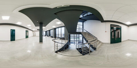 full seamless spherical hdri 360 panorama view in empty modern hall with columns and staircase,...
