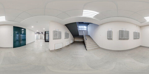 full seamless spherical hdri 360 panorama view in empty modern hall with columns and staircase,...