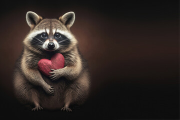 A fluffy raccoon holds a red heart in its paws. Generative AI, generative artificial intelligence - obrazy, fototapety, plakaty