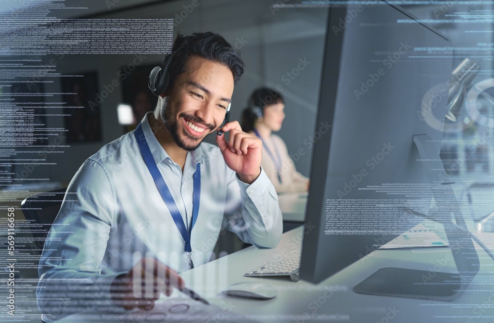 Poster call center overlay, customer support and man on computer on telemarketing, crm and digital network.