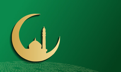 gold silhouette of Mosque on abstract green background, concept for Muslim community holy month Ramadan Kareem