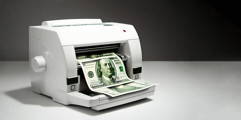 Money making machine printing fake counterfeit dollar bills. Generative AI. - obrazy, fototapety, plakaty