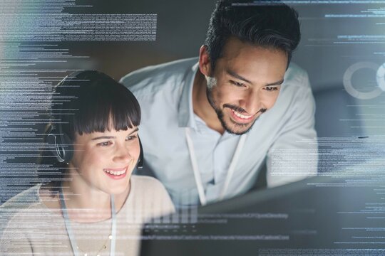 Man, woman and pc in night with overlay, happy and coaching for tech support, data analytics and web ux. Teamwork, learning and crm training with 3d holographic for collaboration and coding - Powered by Adobe