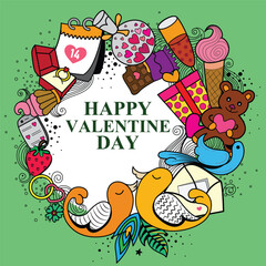 Fototapeta premium Cartoon vector hand drawn Doodle Happy Valentines Day illustration. Colorful detailed design background with objects and symbols. All objects are separated