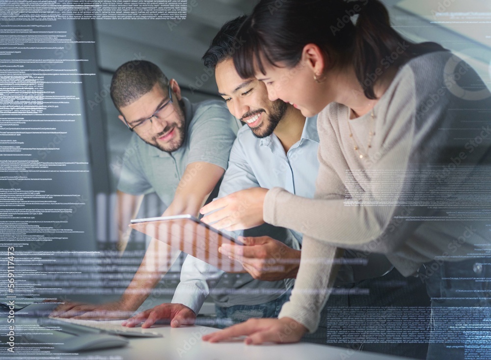 Poster Business people, coding overlay and information technology with tablet, programming team and software development. Code, futuristic and collaboration, meeting with programmer group in office