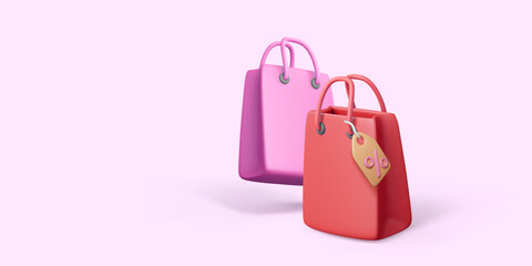 Pink and red paper shopping bags with price tag in 3D realistic style