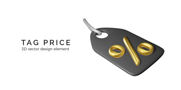 Black price tag with golden percentage 3D icon