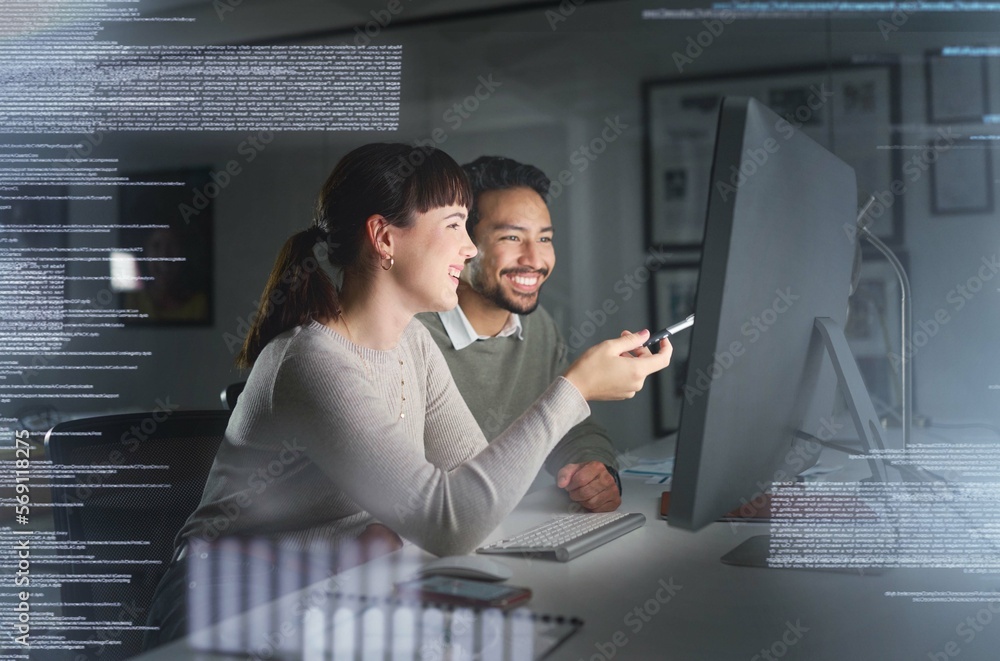 Aufkleber Teamwork, computer hologram and people with data analytics, cyber security research and cloud computing. Coding, programming and developer woman with partner for software strategy, planning at night