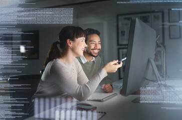Teamwork, computer hologram and people with data analytics, cyber security research and cloud...