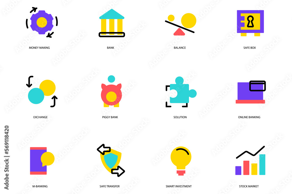 Poster banking and finance set of flat icons concept in the flat cartoon design. actions and functions that