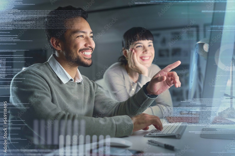 Poster Business people smile, code with partnership and information technology with computer for coding overlay. Collaboration with software development, team meeting and man with woman in office typing