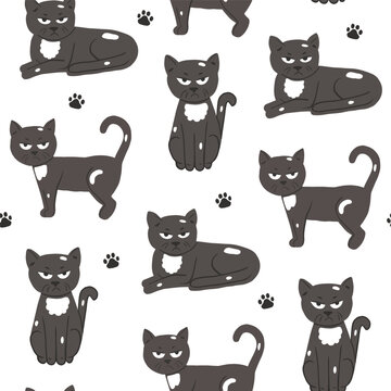 Cute seamless pattern with grumpy cat in cartoon style and paws print