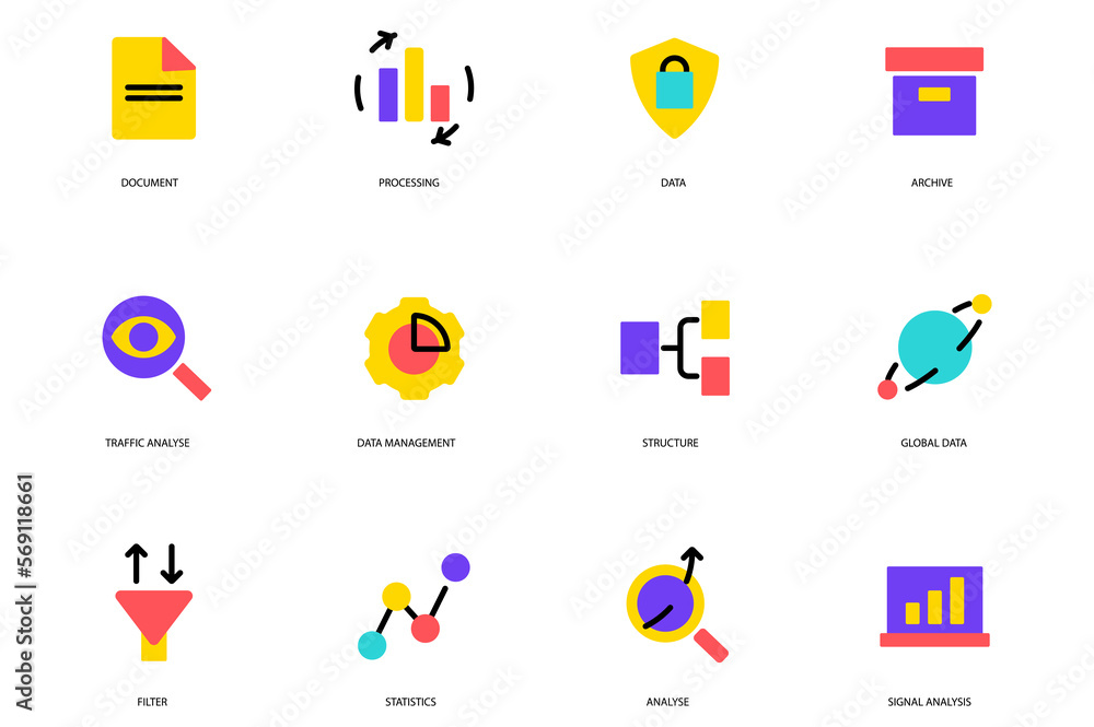 Poster data analysis set of flat icons concept in the flat cartoon design. icons represent different types 