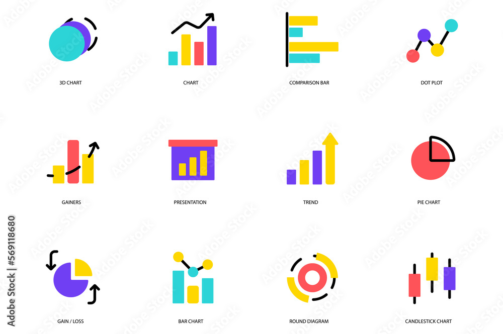 Aufkleber diagram set of flat icons concept in the flat cartoon design. images with many types of diagrams and