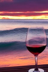red wine with waves and sunset in the background - generative ai