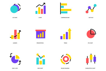 Diagram set of flat icons concept in the flat cartoon design. Images with many types of diagrams and schemes.