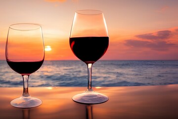 red wine with waves and sunset in the background - generative ai