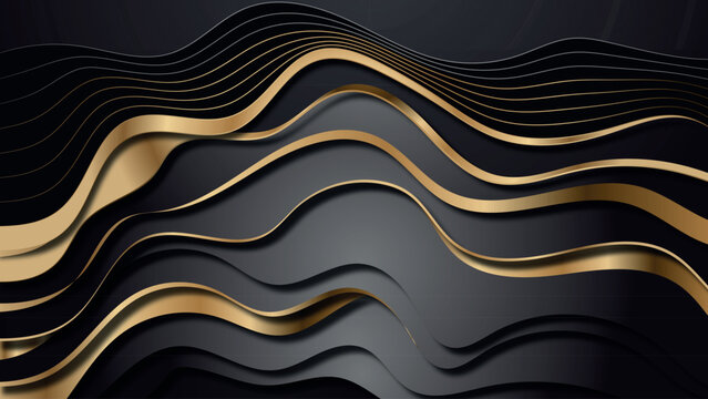 High Detailed, Luxury Cool Contemporary Wallpaper Or Backdrop Papecut Texture Background. Abstract Topographic Grey Black And Gold Line Art With A Blank Space.