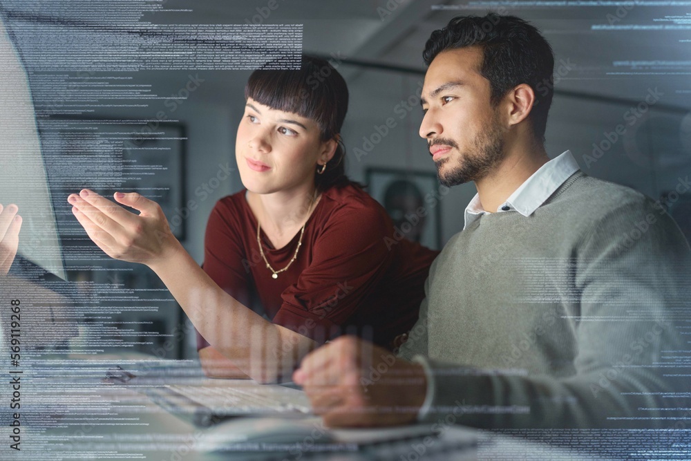 Poster Code, manager help employee and programming with hologram, explain process and system to agent. Woman speaking to Asian man, coding and holograph with IT specialist, cyber security or cloud computing
