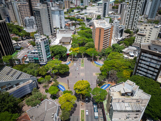 Fototapeta premium Beautiful drone view to big city buildings and street roundabout