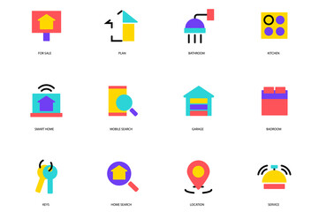 Real Estate set of icons concept in the flat cartoon design. Factors that need to be paid attention to when buying a home.