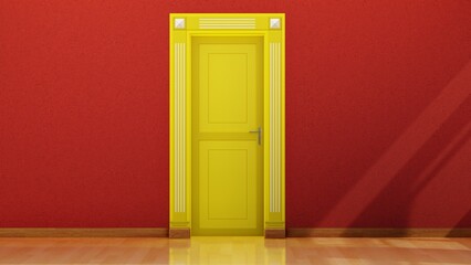 Yellow Door with Red wall. 3D Rendering