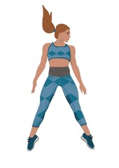 Illustration réaliste d’une femme lors d’un entraînement sportif, qui saute, elle porte une brassière et un legging bleu à motif losange ainsi que des chaussure de sport