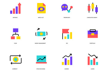 Stock Quotes set of icons concept in the flat cartoon design. Different variable processes in stock and financial exchange.