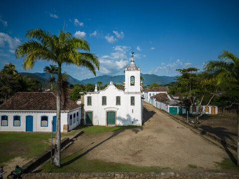 Beautiful view to old historic church building in small colonial town