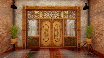 Javanese traditional doors and windows, with unfinished walls, 3D Rendering - obrazy, fototapety, plakaty