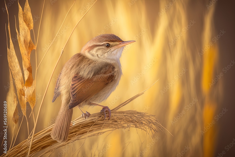 Poster bird called a reed warbler sitting on dead grass against a hazy backdrop. generative ai