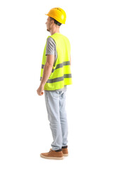 Male worker in vest and hardhat on white background