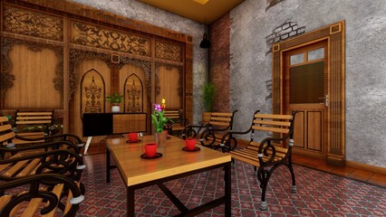 Traditional Living Room Interior in carved teak wood, with exposed walls. 3D renders