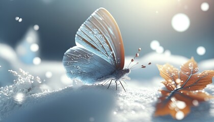 Plakat a blue butterfly flying over a snow covered ground with a leaf on it's back and a drop of dew on its wings, with a blue sky background. generative ai