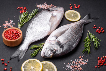 Fresh raw dorado fish with spices, herbs, salt and lemon